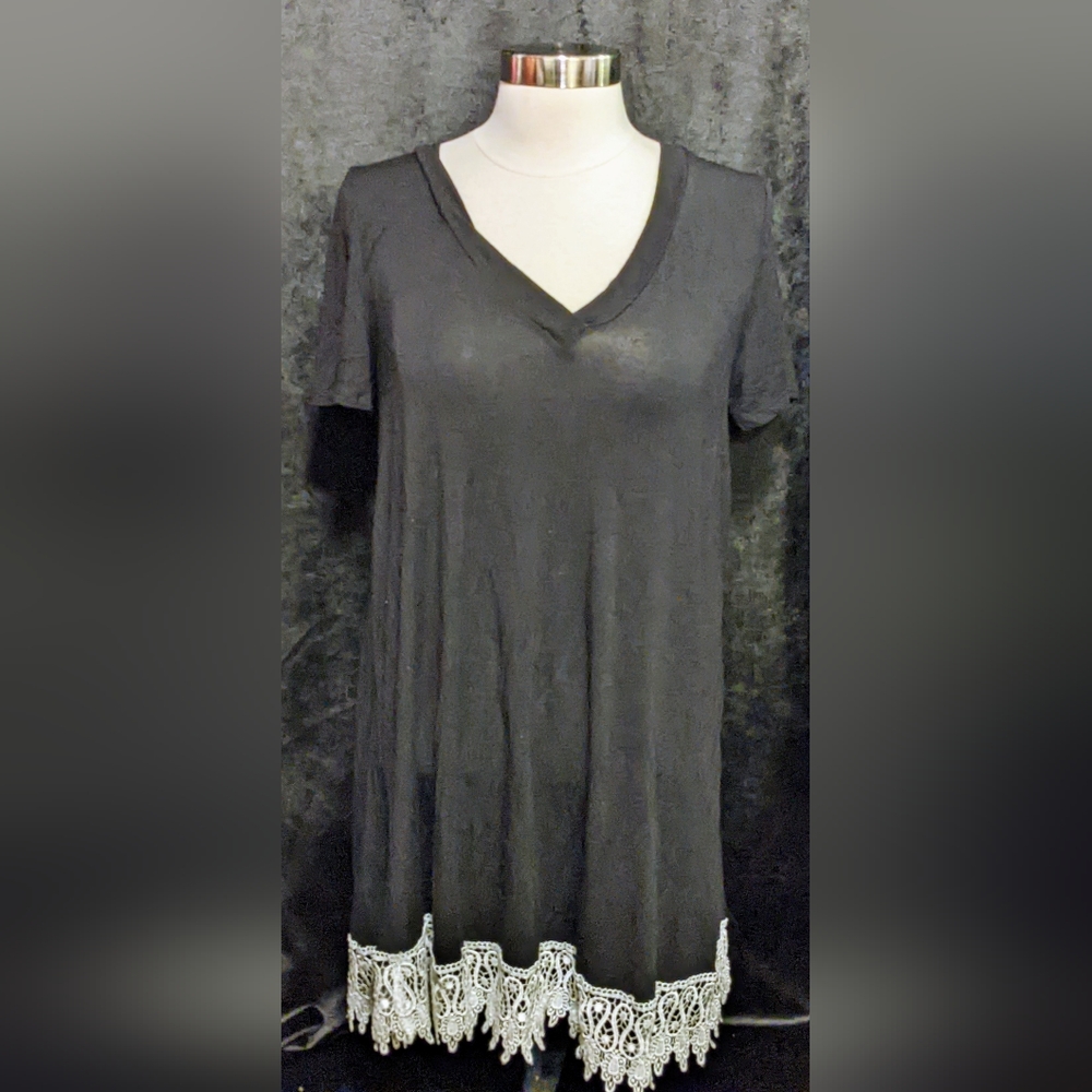 Heirloom Black Long Shirt with Lace Trim- 3X
